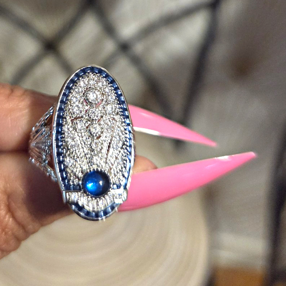 Cocktail Ring Silver Tone Oval Shape Blue Main Stone with Clear Accent Stones